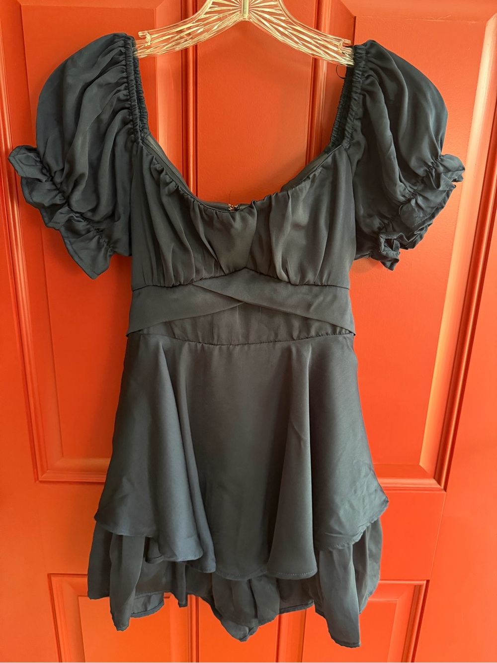 Francesca Navy Blue Puff-Sleeve Mini Dress - Elegant Layered Silhouette